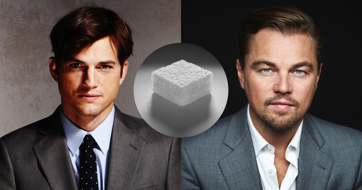 Actors and investors Ashton Kutcher and Leonardo DiCaprio with a photo of the Cruz Foam product
